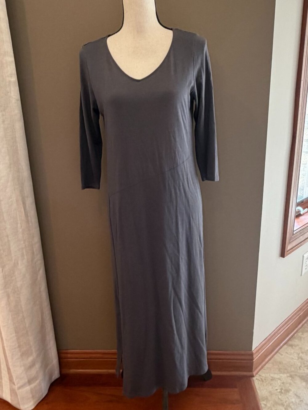 Pure Jill Gray Maxi Dress V- Neck Soft Jersey Knit Minimalist, Size XS